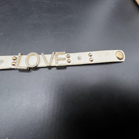 Yik Fung Rhinestone Studded Love White Leather Wrap Bracelet Snap Closure - Picture 6 of 11